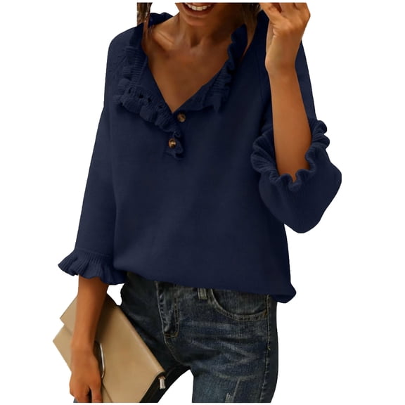 Rutainlusire Women's Fashion V-Neck 3/4 Sleeve Ruffle Knit Sweater Women V-Neck Long Sleeve Button-Accented Ruffle-Trimmed Casual Pullover Knitted Sweater Top