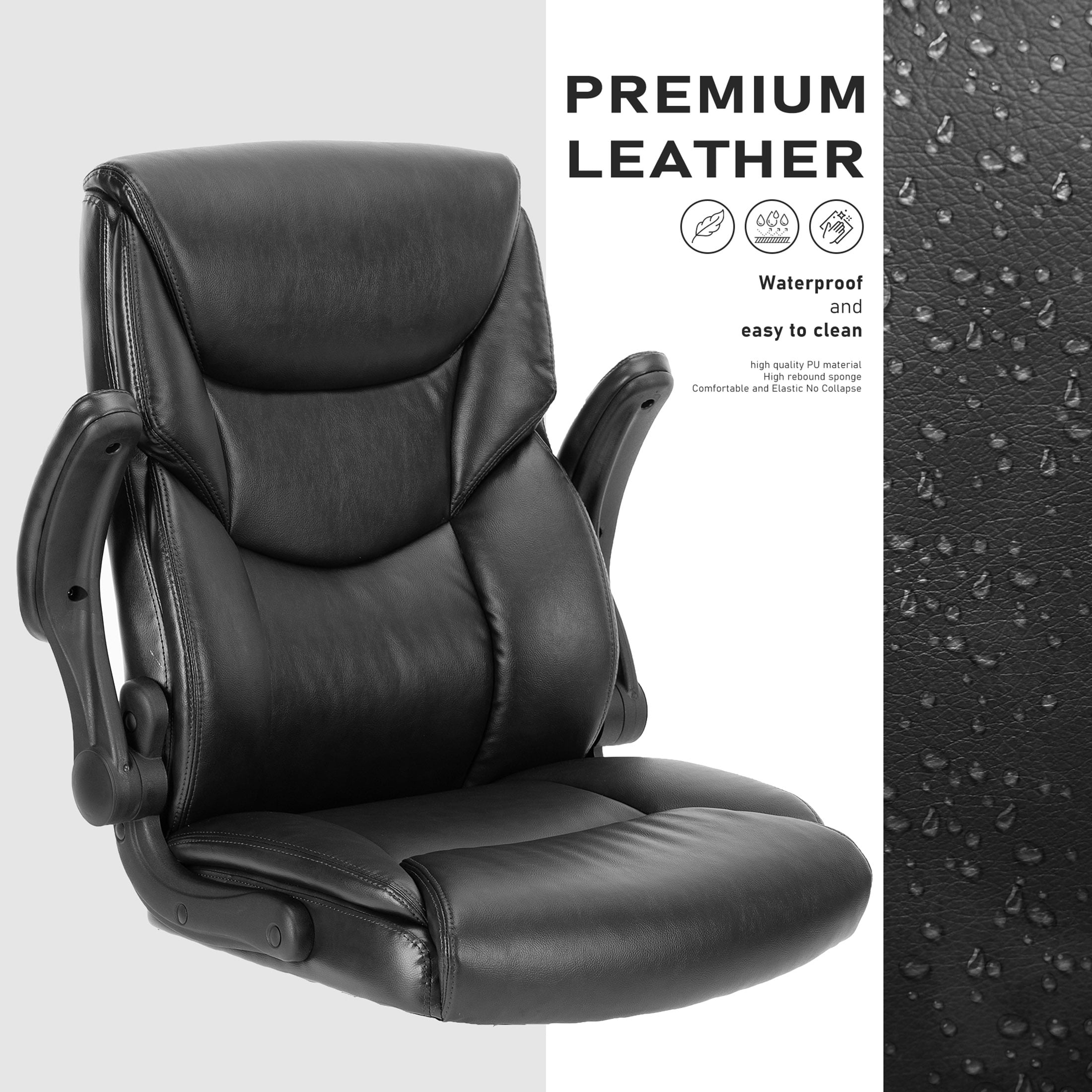 CONCETTA High Back Office Chair,PU Leather Desk Chair with Lumbar Support, Wheels, and Flip-up Armrest, Black