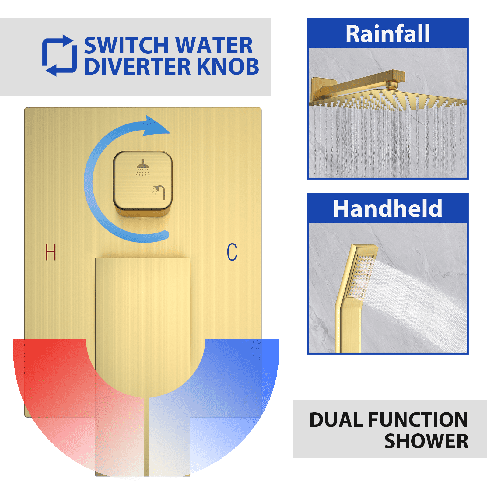 Fatspas Shower System, 12 inch Wall Mounted Brushed Gold Shower Faucet Set for Bathroom with High Pressure Rain Shower Head and Handheld Shower Head Set, Shower Combo Set with Valve Body