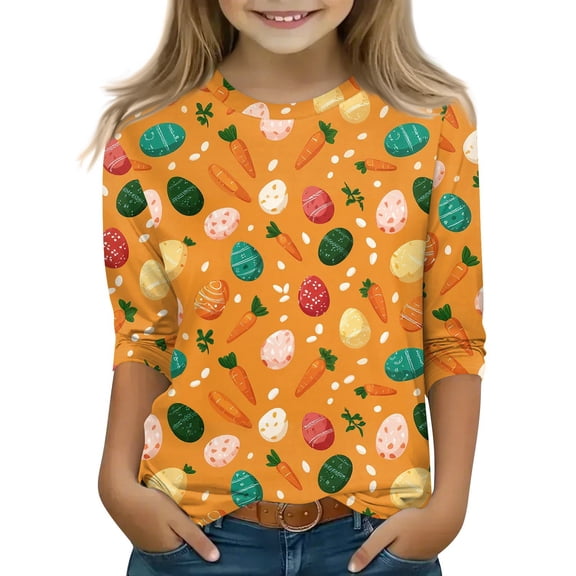 Abcomgle Easter Shirts for Girls Size 14-16 Cute Egg Carrot Print T-Shirts for Girls Crewneck Short Sleeve Shirts for Kids Girls Spring Funny Cute Top for Girls,Yellow,3-4Years