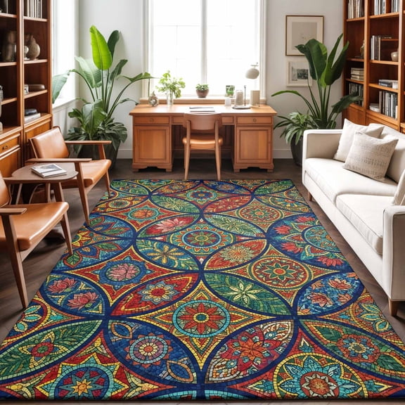 Area Rugs 5'x7', Vintage Boho Carpet Runner Indoor Outdoor Rugs Home Decor Aesthetic, Ethnic Floral Geometric Green Blue Red Non Slip Mats Washable Accent Rug for Living Room Bedroom
