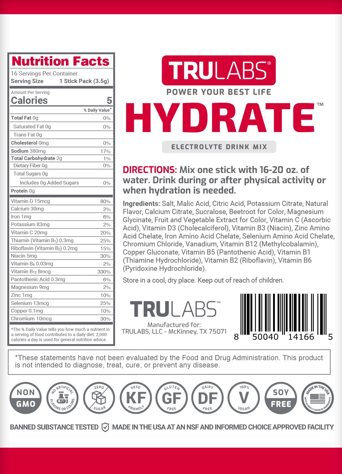 TruLabs Hydrate Strawberry Lemonade, Hydration Electrolyte Powdered Drink Mix, 16 Sticks
