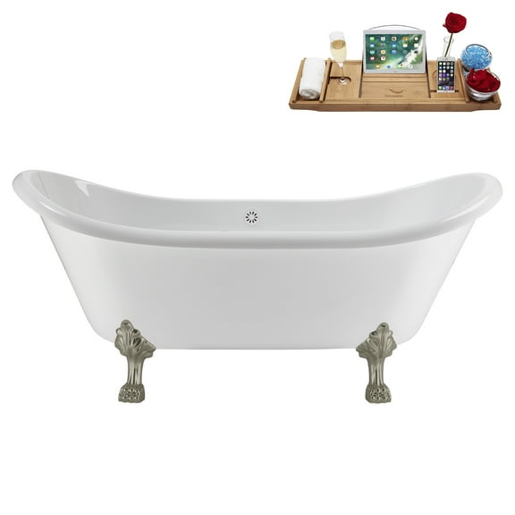 71" Streamline N5100BNK-WH Soaking Clawfoot Tub and Tray With External Drain in Glossy White and Brushed Nickel Clawfeet