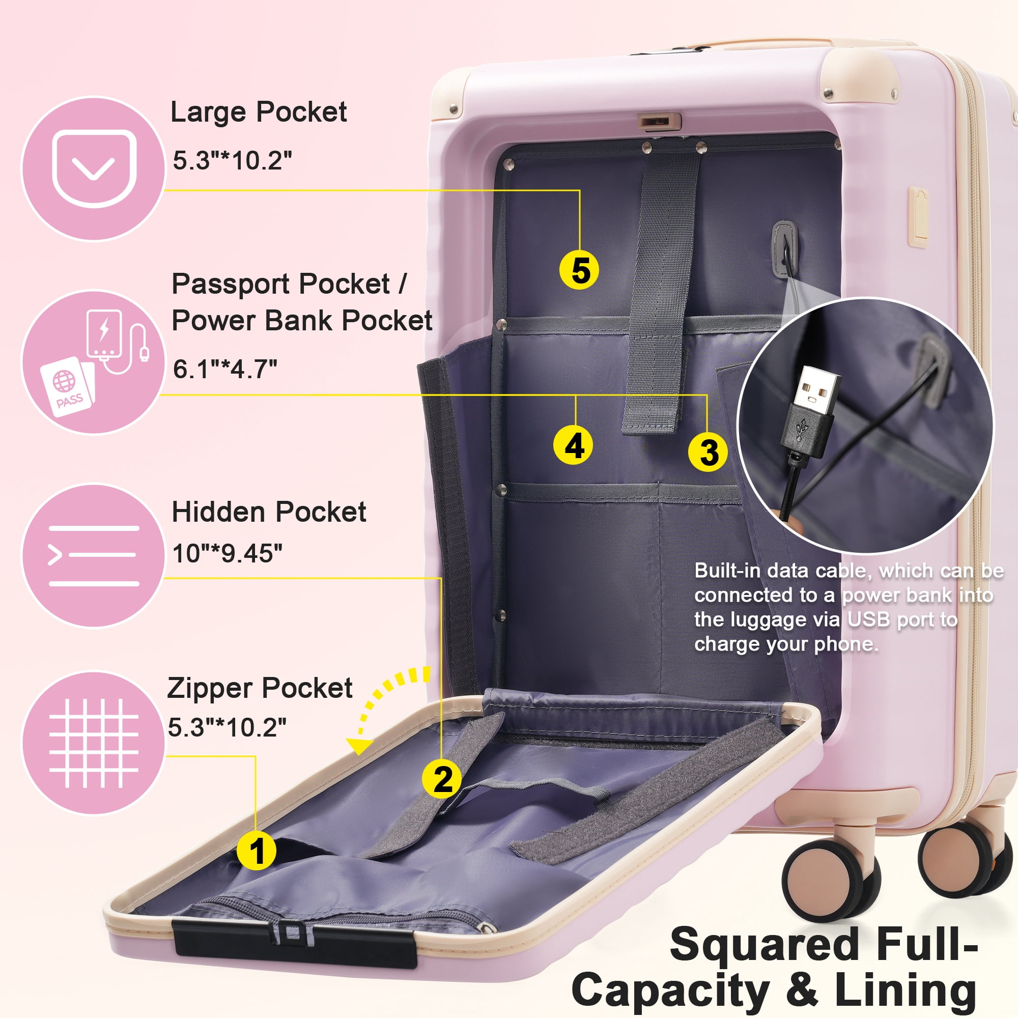 MAYEERTY 5-Piece Minimalist Luggage Set - 20" Front Opening Carry-On with USB/Cup Holder + 24"+28" Expandable + Duffel & Toiletry Bag