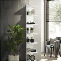 JERFIT Modern 7-Tier Floor Shelf with Mirror Back, Open Bookcase Display Rack for Living Room, Cream White