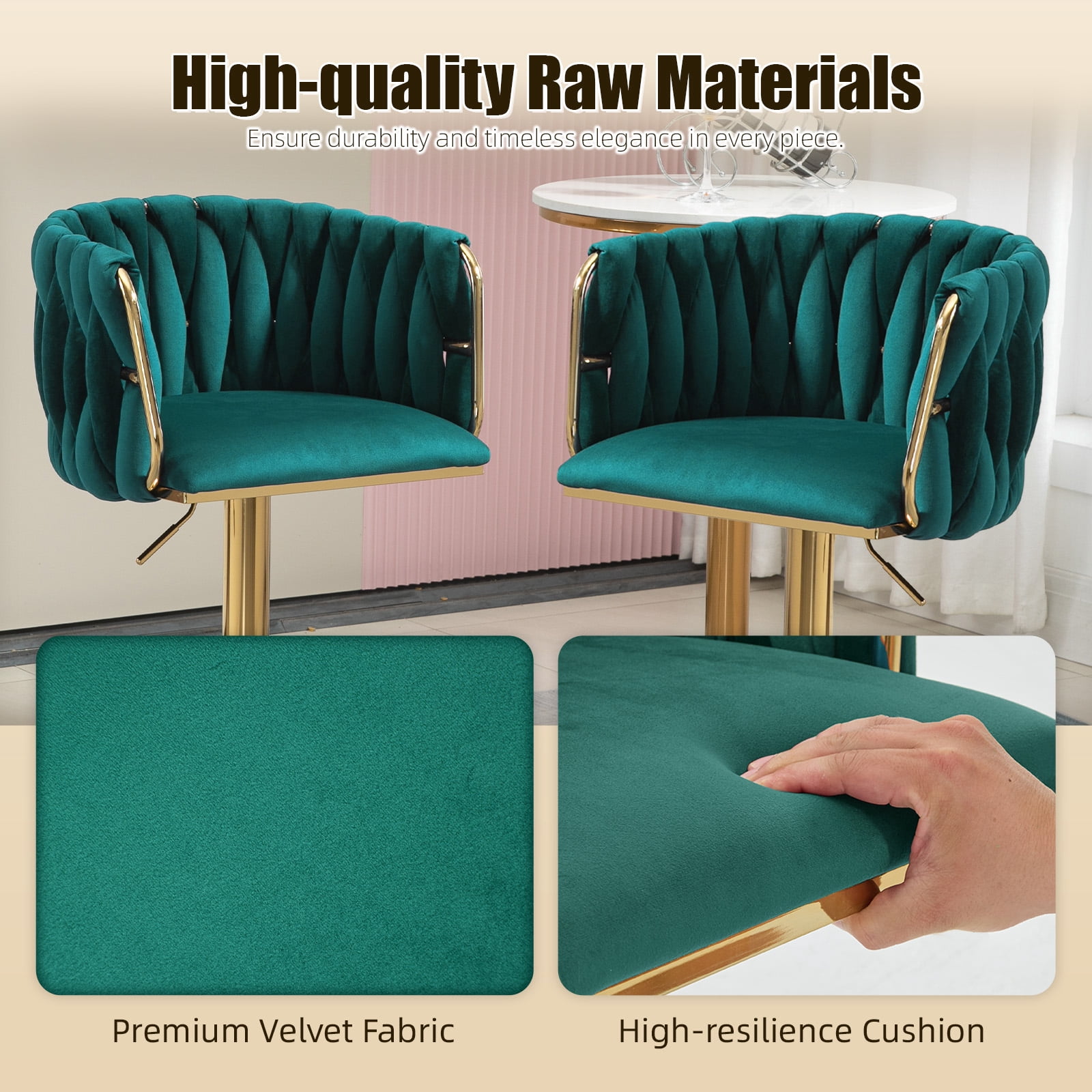 Villeston 360°Swivel Bar Stools Velvet Upholstered Adjustable Bar Chairs Set of 2 with Back & Footrest for Home and Kitchen,Emerald