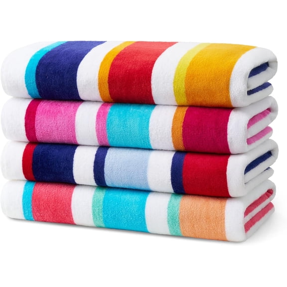 Kaufman - Joey Velour Colored Classic Multi-Color Stripe Beach & Pool Towel - Large 100% Combed Cotton Beach Towel - Soft & Absorbent Colorful Towels - 30" x 60" - 4 Pack