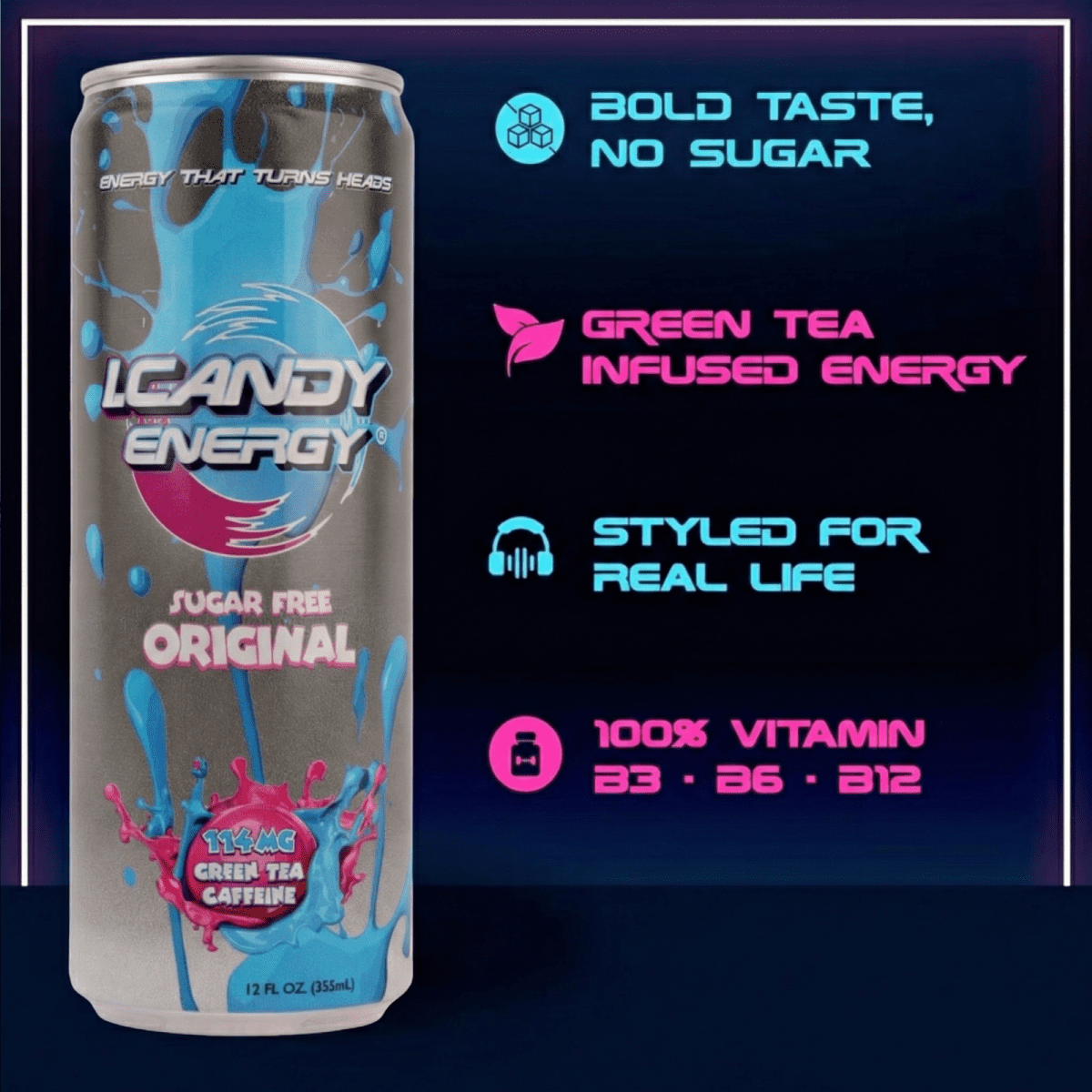 I.Candy Sugar Free Energy Drinks, Zero Sugar Energy for Real Life, Bold Flavor and Clean Boost, 100 Percent Daily Vitamins B3 B6 B12, Natural Caffeine, 12 Pack, 12 Fl Oz