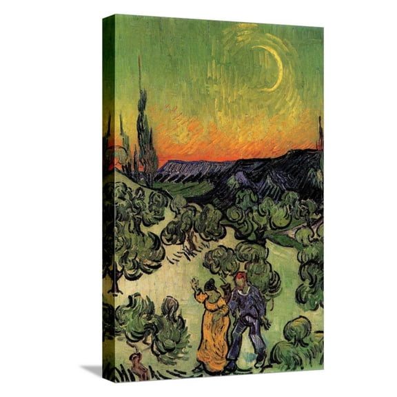 Art.com Landscape with Couple Walking and Crescent Moon Stretched Canvas Print Wall Art by Vincent van Gogh, 12" x 18"