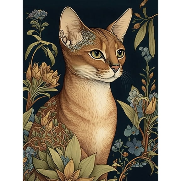 Abyssinian Cat with Flowers Art Nouveau Modern Watercolour Illustration Unframed Wall Art Print Poster Home Decor Premium