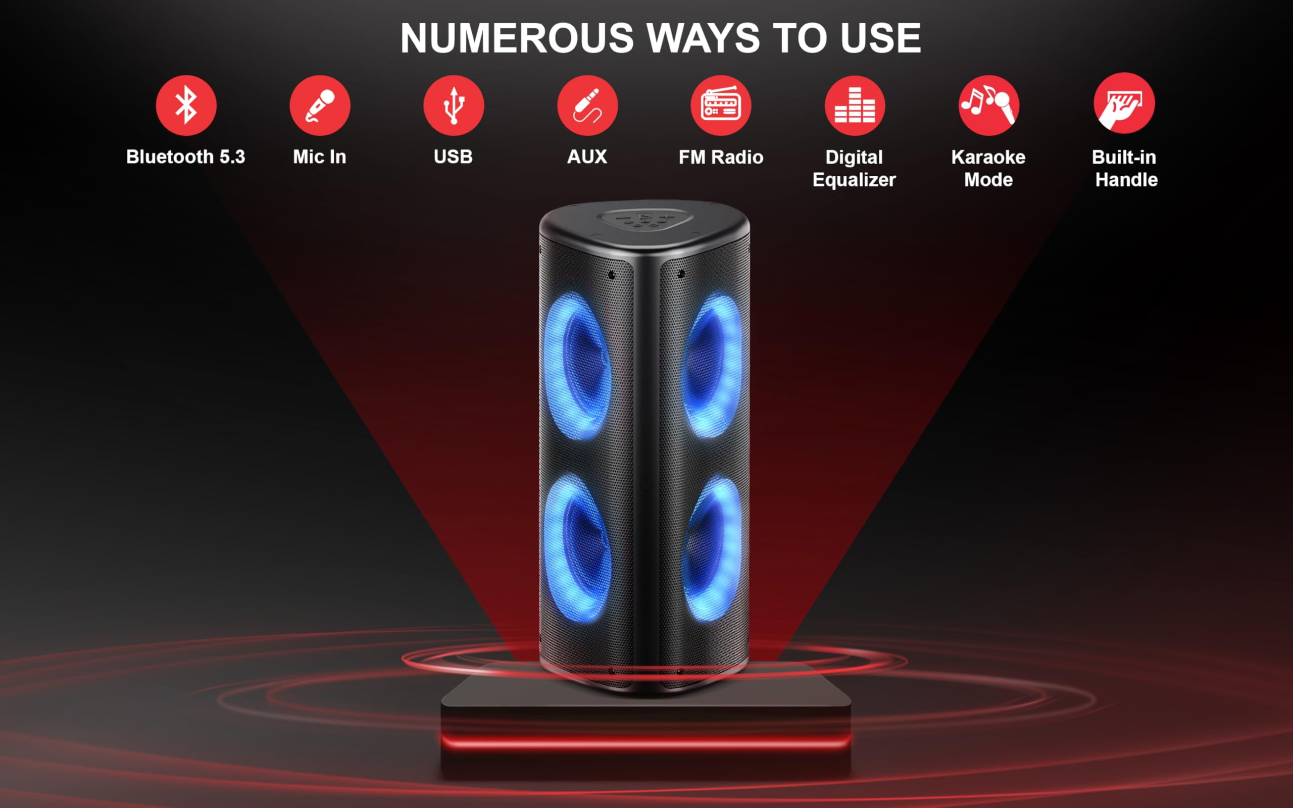 Fisher Bluetooth PA Speaker Stereo System -Karaoke Portable Wireless DJ, Quad Triangle 6.5" 80W Peak Power Speaker, Loud HD Sound & LED Lights, Rechargeable, TWS, USB, FM Radio,Indoor & Outdoor Party
