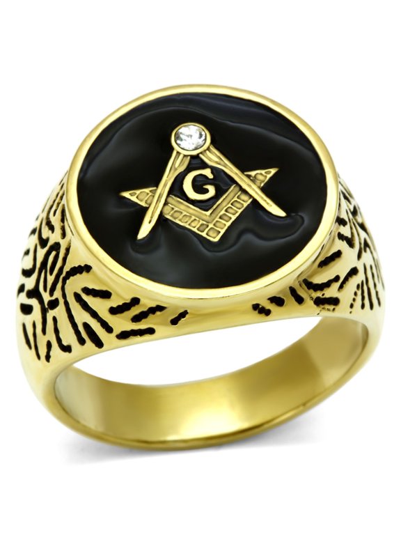 Luxe Jewelry Designs Men's Gold IP Stainless Steel Masonic Ring with Clear Crystal and Black Epoxy -