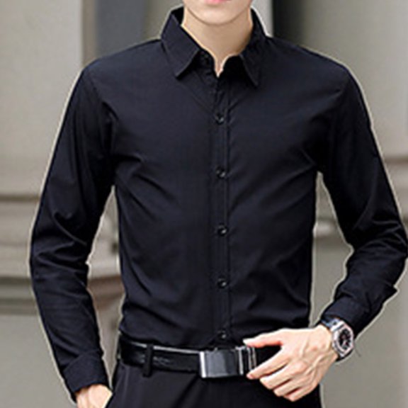 Dress Shirt for Men Long Sleeve Lapel Collar Button Down Solid Cardigan Top Black M