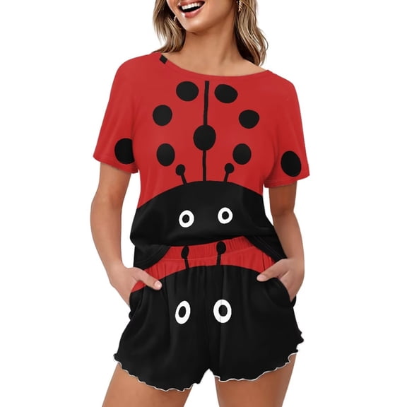 Yuyamidu Ladybug Printing Women Pajama Sets Shorts 2 Pack Short Sleeve Top and Shorts Pj Set Soft Crew Neck Sleepwear Comfy Lounge Sets with Pockets