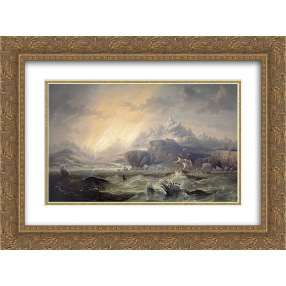 John Wilson Carmichael 2x Matted 24x20 Gold Ornate Framed Art Print 'HMS Erebus and Terror in the Antarctic '