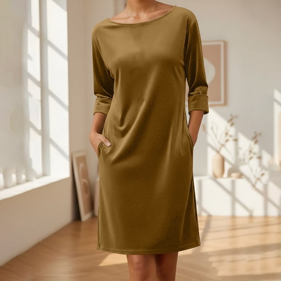 Karight Women's Velvet Dress Trendy Formal Long Sleeve Loose Casual Swing Mixi Dresses Plus Size for Daily Wear with Pockets