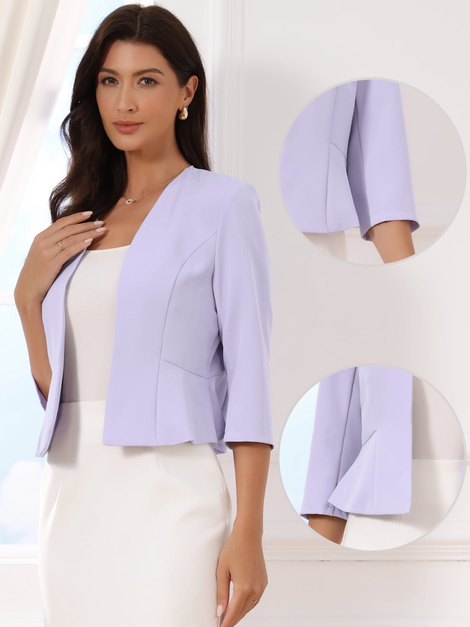 DARING DIVA Women's Open Front 3/4 Sleeve Peplum Business Blazer S Light Purple