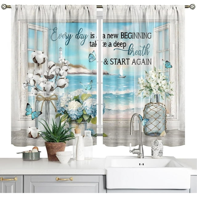 Beach Flower Kitchen Curtains Farmhouse Style Blue Ocean Floral Bathroom Short Curtains for Windows Country Summer Kitchen Window Curtains Over Sink Rod Pocket Curtains 2 Panels (42x63 Inch)