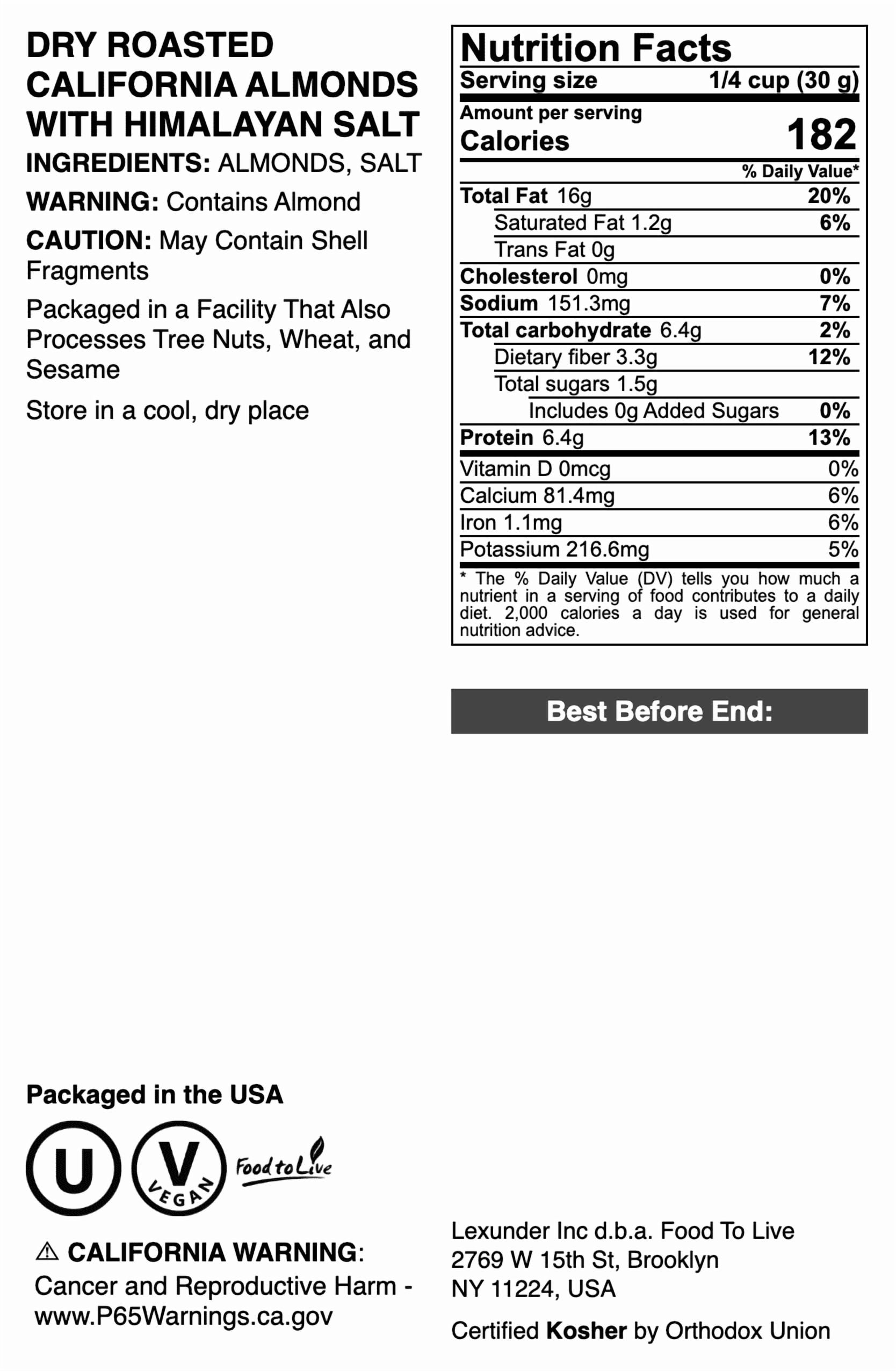 Dry Roasted California Almonds with Himalayan Salt, 2 Pounds — Kosher, Vegan — by Food to Live
