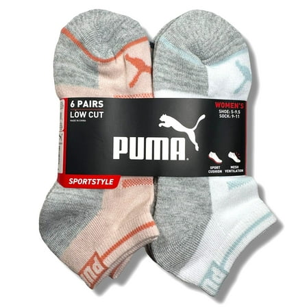 PUMA SOCKS WOMEN'S - LOW CUT - GLEE 253 - CORAL GREY - SHOE SZ 5-9.5 -PACK 6