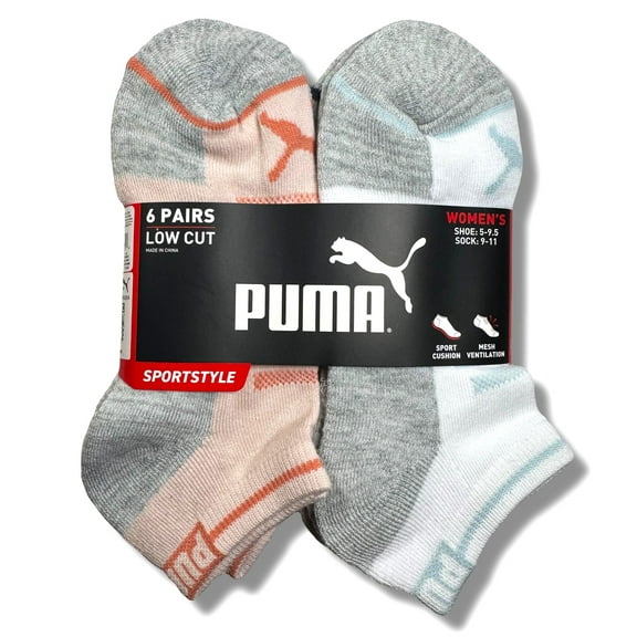 PUMA SOCKS WOMEN'S - LOW CUT - GLEE 253 - CORAL GREY - SHOE SZ 5-9.5 -PACK 6