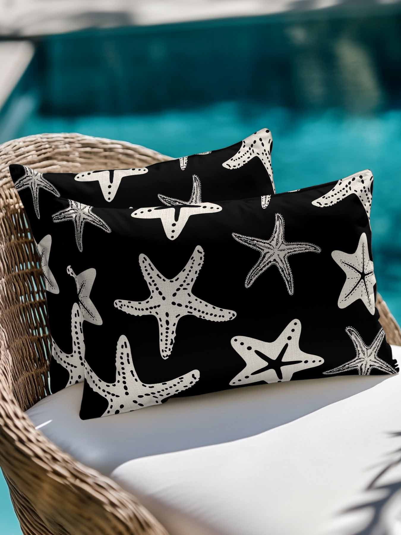 Outdoor Pillows Waterproof, Black Starfish Coastal Bedding Throw Pillows with Insert for Couch Sofa Bed, Nautical Summer Ocean Abstract Art 12x20 Inch Pillowcases Decorative Patio Pillow Set of 1