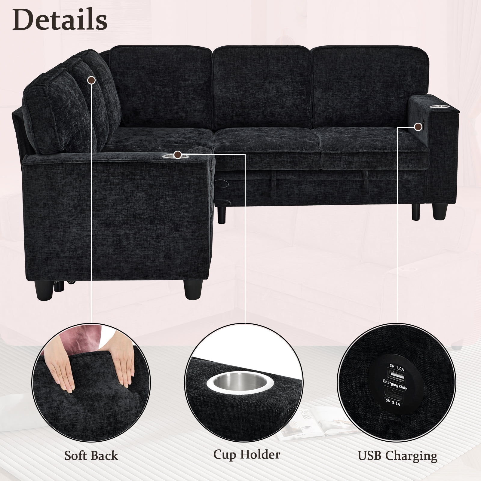 Aukfa Sectional Sleeper Sofa Bed w/Storage Seat, L Shaped Modular Sectional Sofa with USB Ports and Cup Holders for Living Room, Black