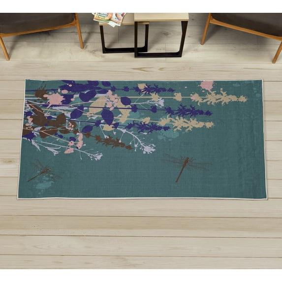 Dragonfly Decorative Rug, Nature Plants Grass with Wildflowers with Paintbrush Effects Print Art, Quality Carpet for Bedroom Dorm and Living Room, 6 Sizes, Teal Quartz, by Ambesonne