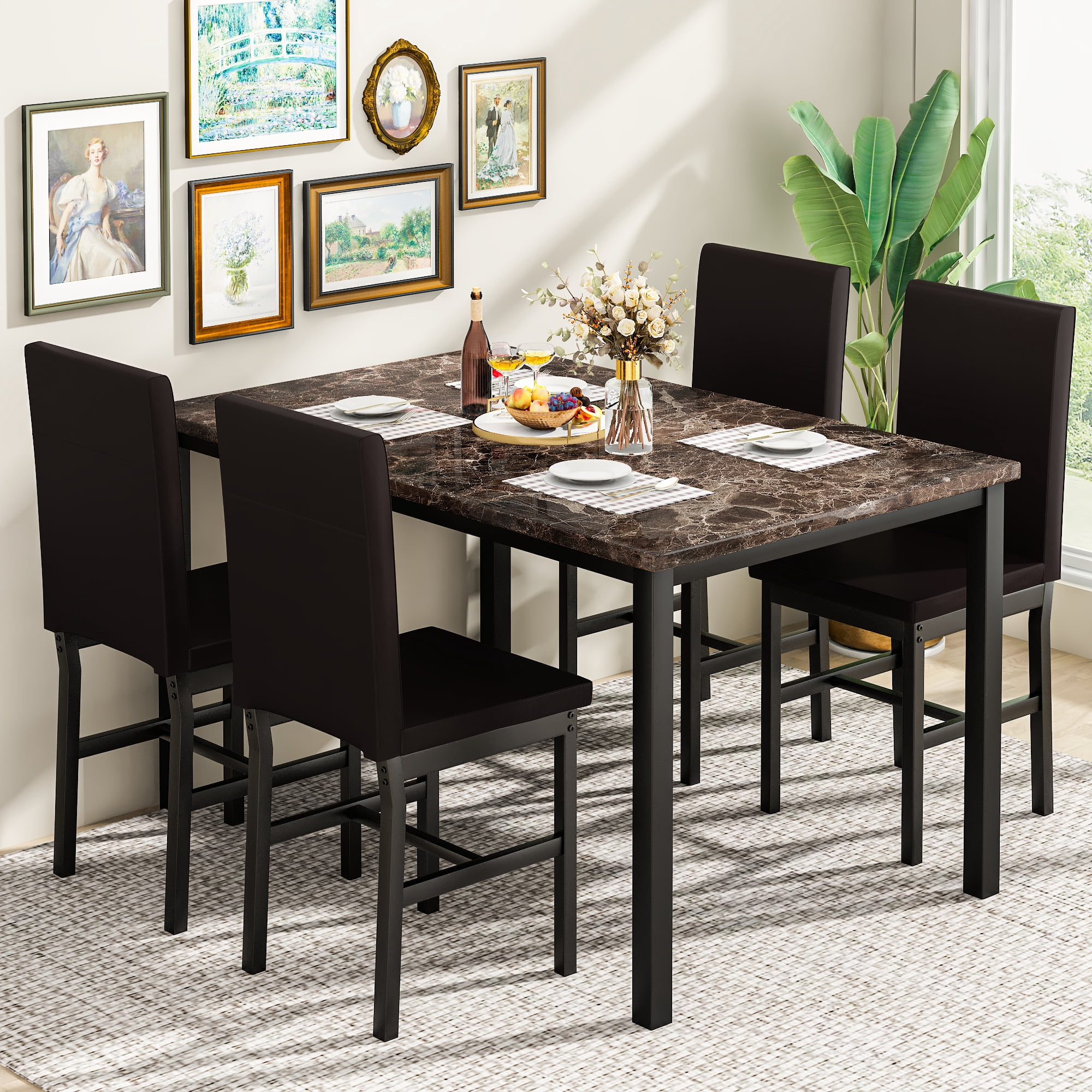 Cvortll Dining Table Set for 4, Modern Faux Marble Kitchen Table Set with 4 Leather Upholstered Chairs, 5-Piece Dinette for Dining Room, Nooks