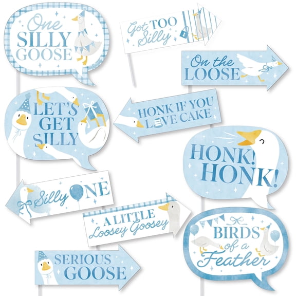 Big Dot of Happiness Funny One Silly Goose Blue Photo Booth Props Kit, Goose-Themed Puns for Boy 1st Birthday Party Supplies - 10 Count Selfie Prop Sticks