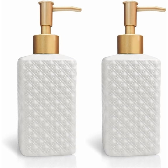XUET Gold Soap Dispenser, Ceramic Lotion Pump Bottle with Refined and Vintage Emboss, Home Decoration for Bathroom or Kitchen (White)