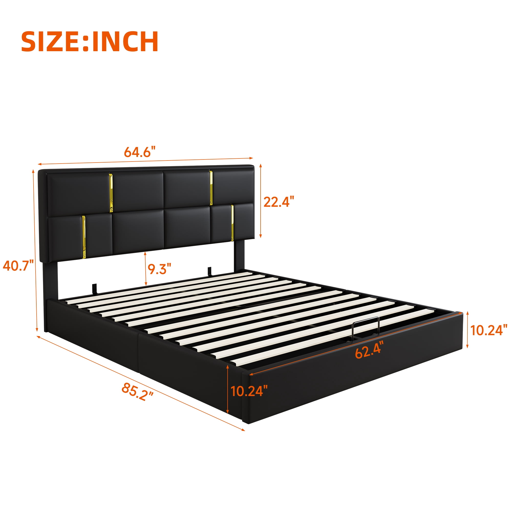 Mintazer 2 Pieces Bedroom Set, Queen Size Upholstered Platform Bed with Hydraulic Storage & Matching Storage Ottoman, Modern Tufted Bed Frame with Gold Accents for Bedroom, Black