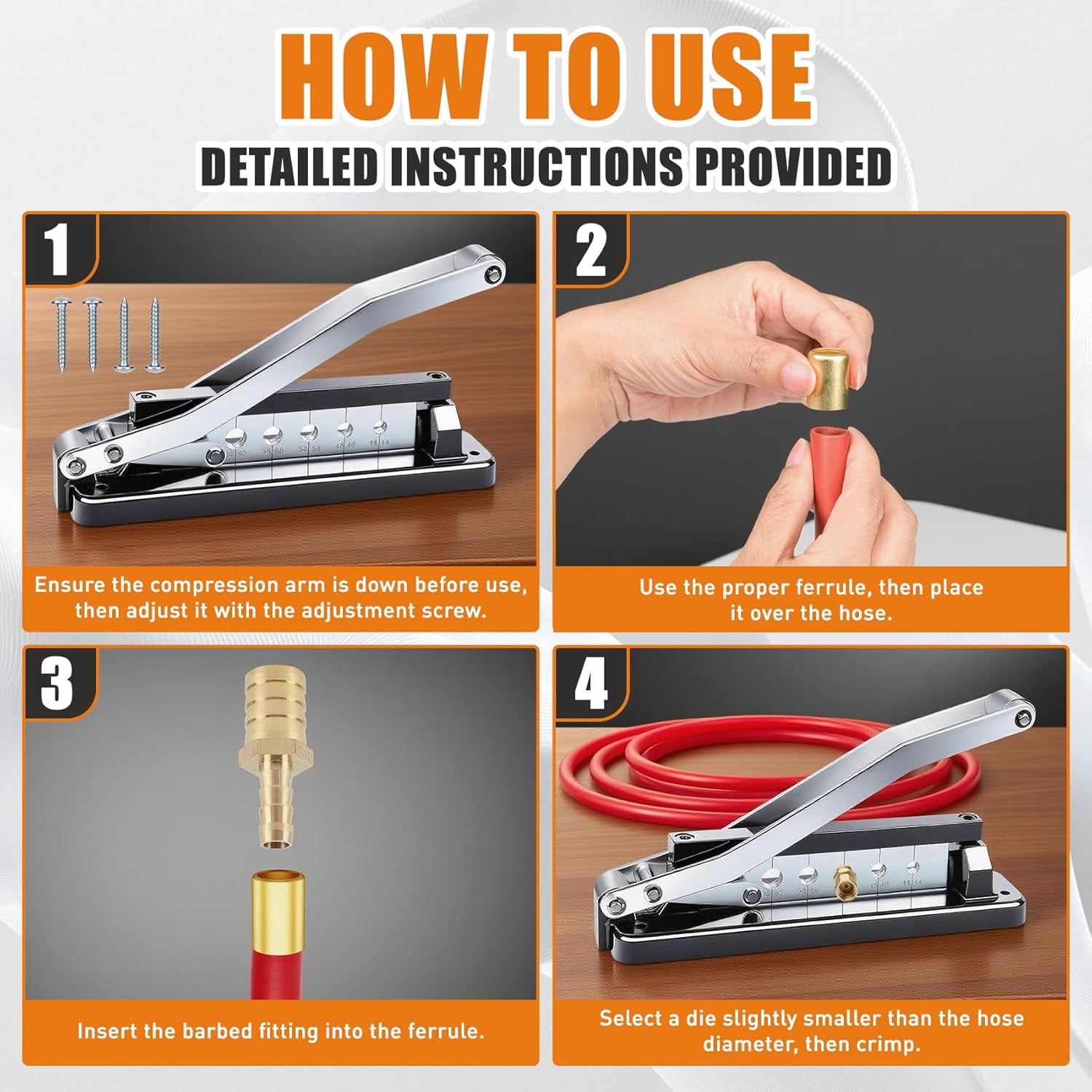 Heavy Duty Bench Hose Crimper for 1/4, 5/16, 3/8in ID Hoses, Hose Crimping Tool with 100 Ferrules Fittings (50x 0.593" ID& 50x 0.625" ID), Air Hose Repair Kit, Air Hose Crimper, Torch Hose Repair Kit