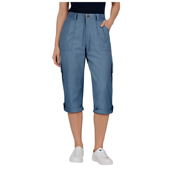 vigerkar Cargo Capri Pants Women High Waisted Elastic Capris Trousers Cropped Pants with Pockets Casual Work Clothes (Blue, XXL)