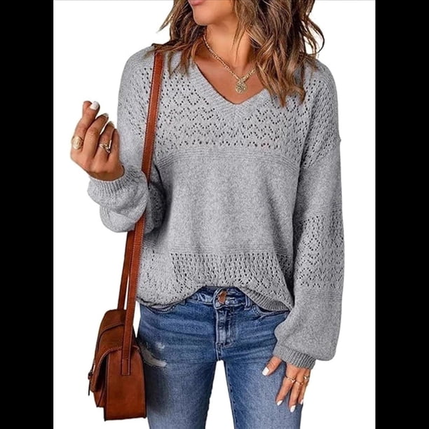 Suéteres de Punto para Mujer, Otoño, Cuello en V, Larga, Suéter Informal Holgado. Gris S
