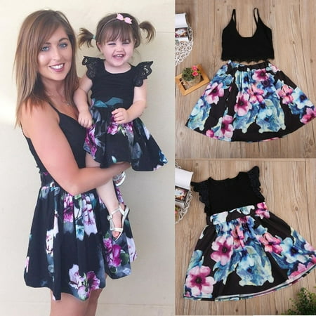 Cute Daughter Mother Matching Outfits Floral Kids Dress Women Top+Skirt Set