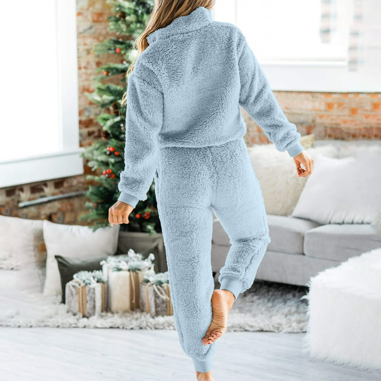 Women's Fuzzy 2 Piece Outfits Casual Pajama Sets Long Sleeve
