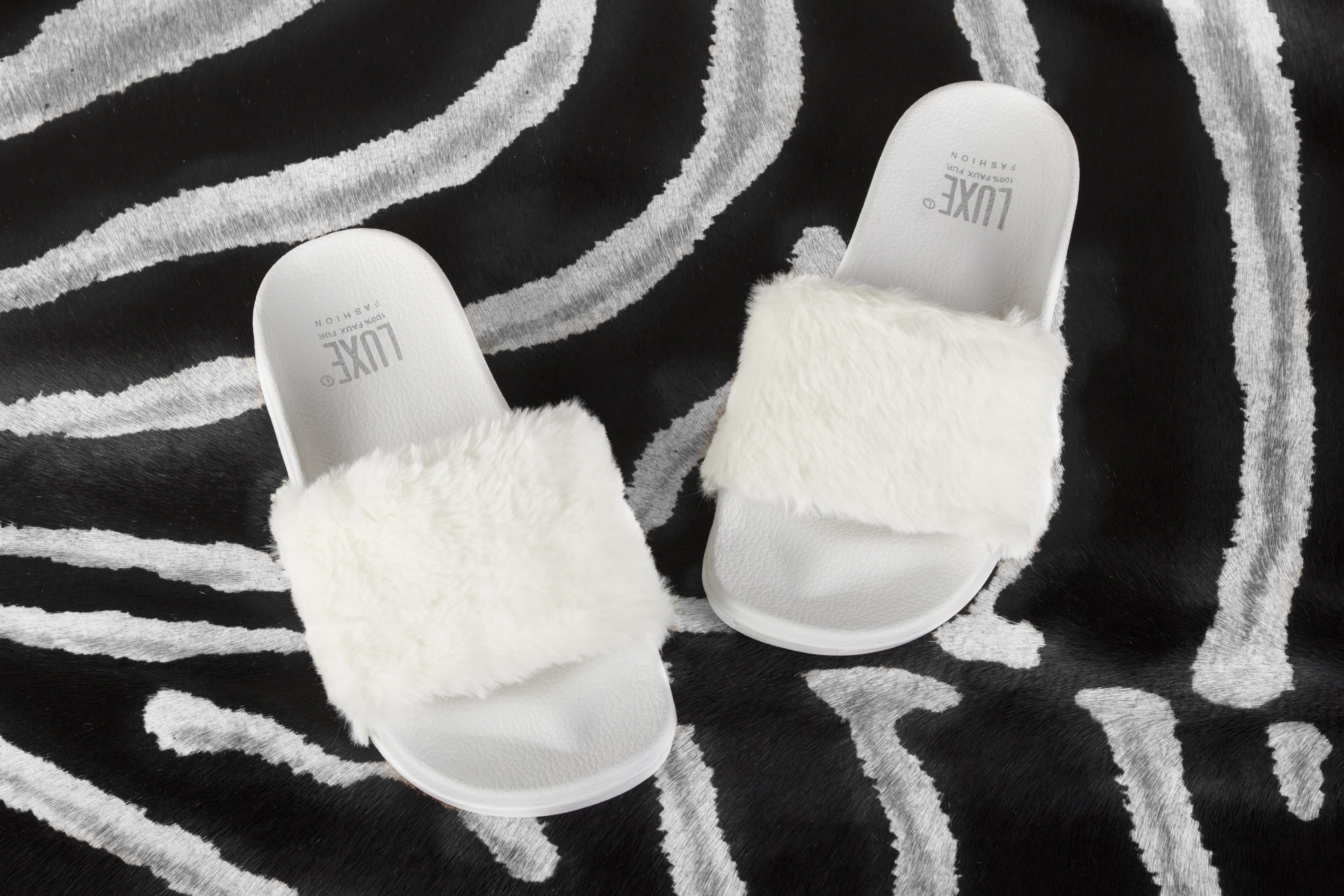 off white fur slides
