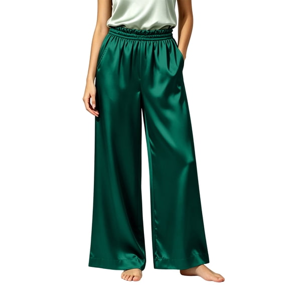 QQZ Wide Leg Pants For Women, Satin Palazzo Pants For Women, Loose Flowy Womens Pants, Full Length Casual Pants For Beach Outfits & Workout Sets For Women