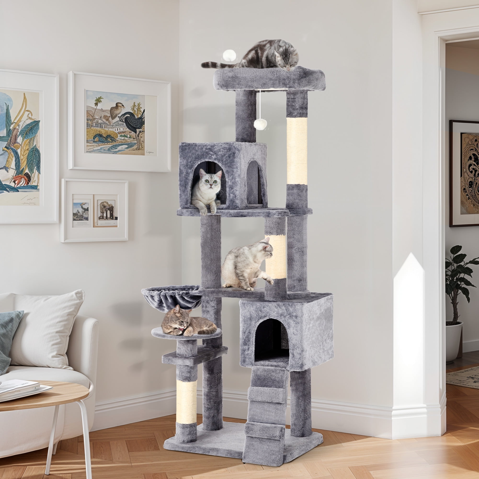 ModFusion Deluxe Multi-Level Cat Tree with Scratching Posts, Hammock, and Condos - 70" Tall, Light Gray