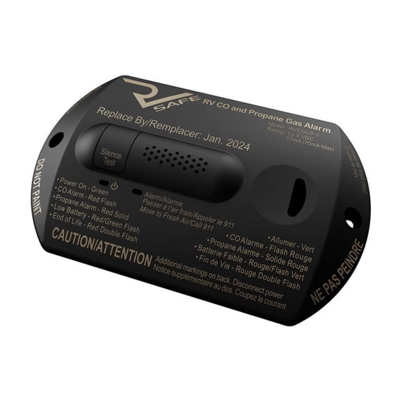 RV Safe LLC Propane Leak Detector RVLP-2B Surface Mount Detector; Alerts To Leak With Beeping; 8 To 15 Volt DC; Black; With Two Universal Mounting Bezels; Two Wire Design; Single