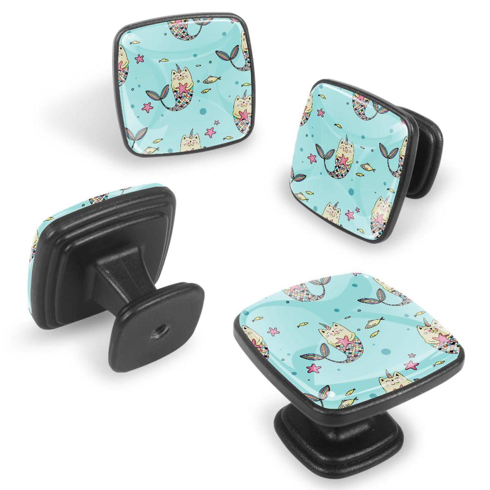 4 Pcs Cabinet Handle Drawer Pulls Cat Mermaid Blue Knobs with Screws Square Furniture Office Cabinet Knob Decoration
