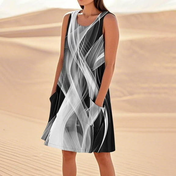 Summer Casual Dress Women's Solid Color Casual Sleeveless Linen Loose Fitting Dress With Pockets F Multicolor M
