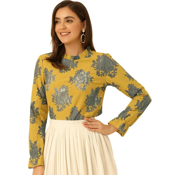 Blusa elegante floral con cuello de volantes y volantes de encaje de ganchillo para mujer Amarillo Gris L