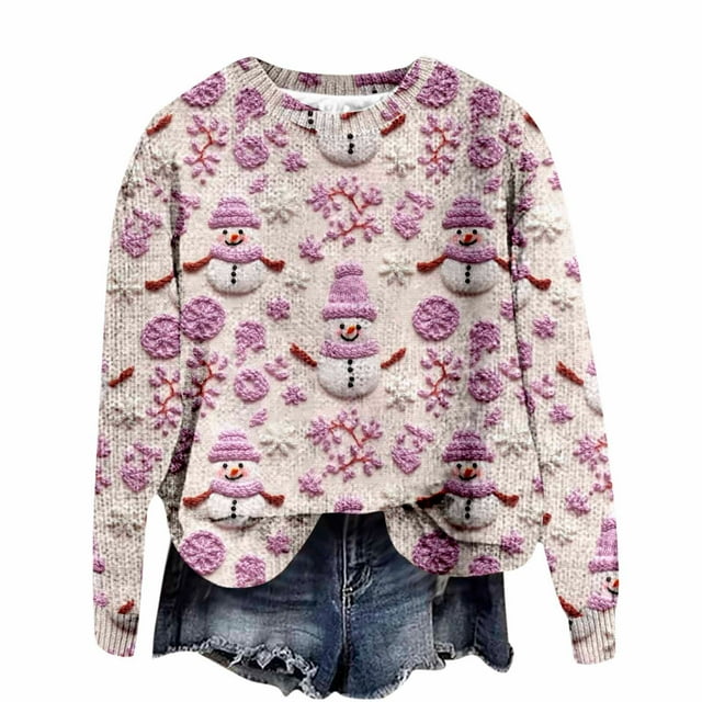 HOWPAY Chandails de Noël pour Femmes, Blouse Décontractée Imprimée Surdimensionnée, Manches Longues, Col Rond, Chandail Doux pour les Vacances, Vêtements d'Automne, Violet Clair G