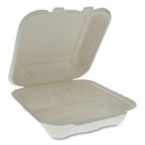 Pactiv Corp. YMCH08030001 EarthChoice 7.8 in. x 7.8 in. x 2.8 in. Bagasse Hinged Lid 3-Compartment Container with Dual Tab Lock - Natural (150/Carton)