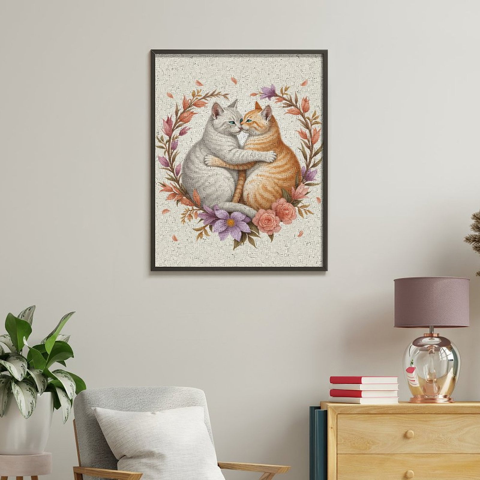 Paint By Numbers Kit for Adults Beginner - DIY Cats Embrace Floral Wreath Art Canvas Painting Kits for Adults, Frameless Paint By Number for Adults for Home Wall Decor 16x20 Inch