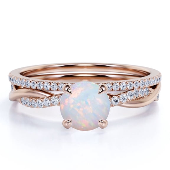 JeenMata Antique 1.75 ct Round Cut Opal and Moissanite Wedding Ring Set in 18K Rose Gold over Silver