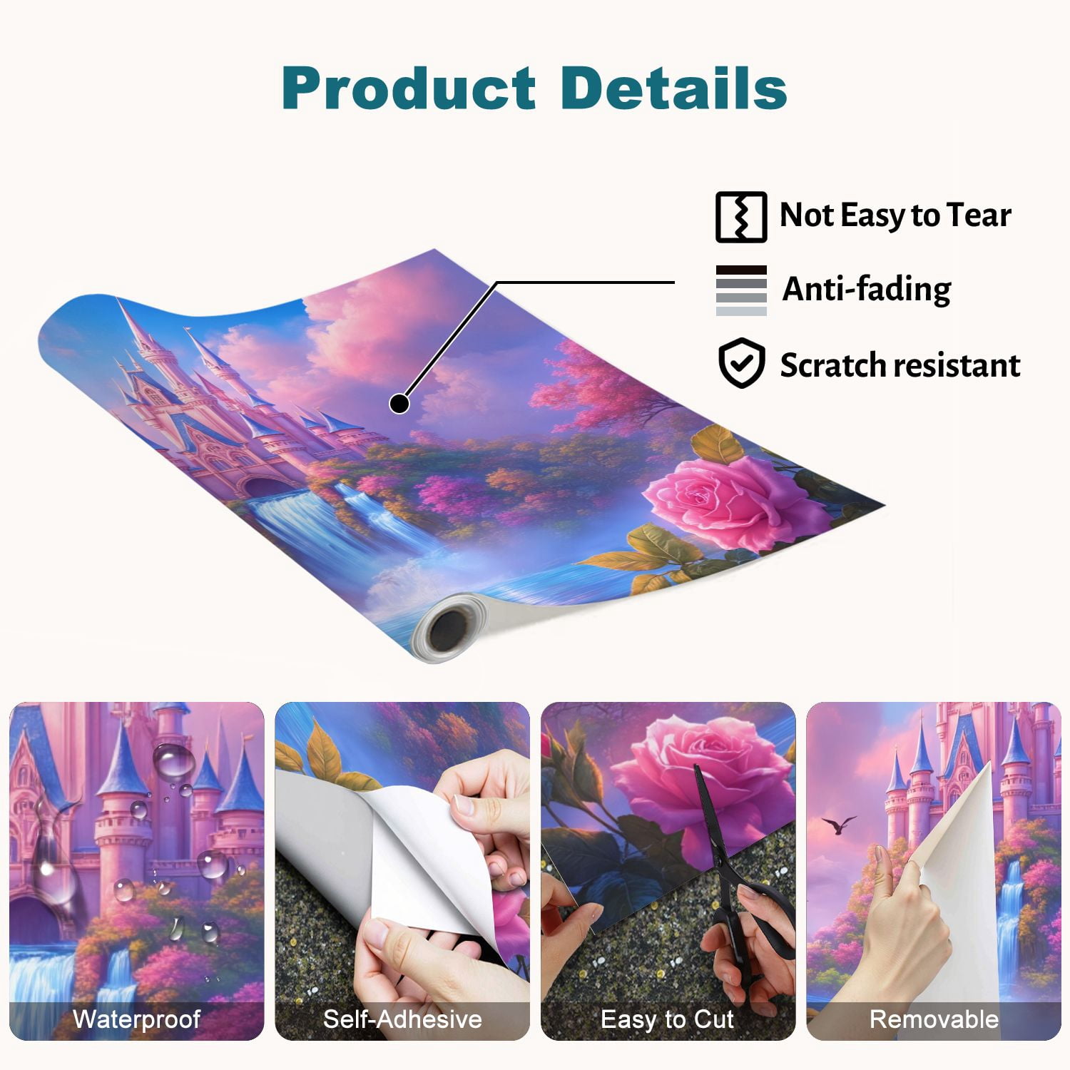 100"x144" Wall Mural Peel and Stick Wallpaper Fantasy Castle Waterfall Pink Clouds Dreamy Landscape Wall Decor Self Adhesive Removable Wall Stickers for Bedroom Living Room