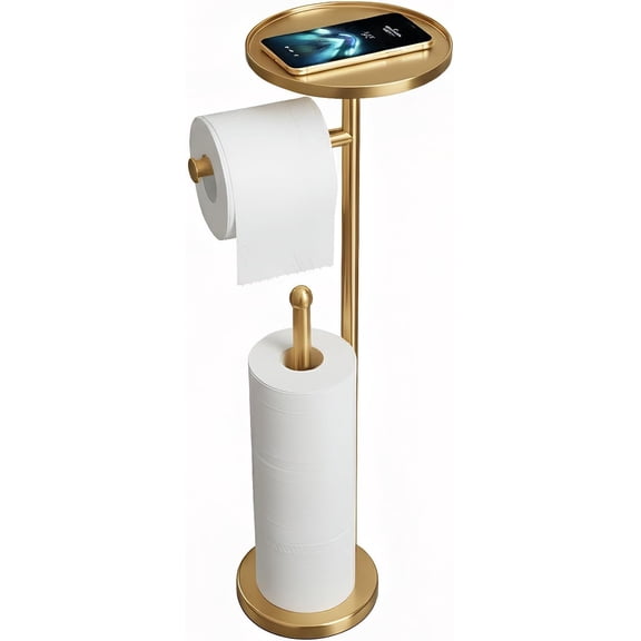 Gold Toilet Paper Holder with Shelf, Tissue Roll Holder Stand with Storage for Holding Extra 4 Toilet Paper Rolls, Stainless Steel Rustproof Freestanding (Brushed Gold)
